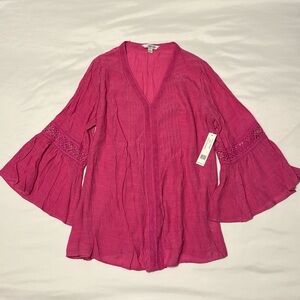 NWT Counterparts Raspberry Pink Blouse Embroidered Lace Trim Size Large